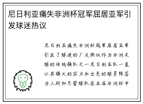 尼日利亚痛失非洲杯冠军屈居亚军引发球迷热议