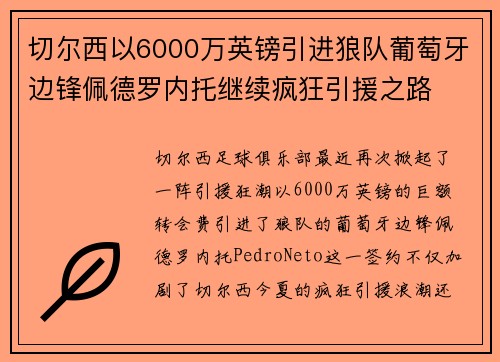 切尔西以6000万英镑引进狼队葡萄牙边锋佩德罗内托继续疯狂引援之路